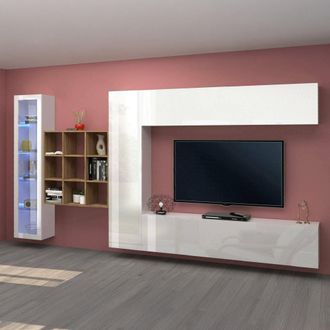 Dmora Pared Equipada Dcapann, Conjunto De Sal&oacute;n Mueble De Tv Con 4 Puertas, Mueble De Sal&oacute;n Polivalente Con Vitrina Y Luz Led, 100% Made In Italy, Cm 310x30