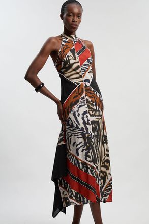 Karen Millen Womens Animal Print Fluid Tencel Halter Neck Woven Maxi Dress Lyocell - Size 10 UK