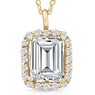Pompeii3 3 1/2 Ct Emerald Moissanite & Lab Grown Diamond Halo Pendant 14k Gold Necklace