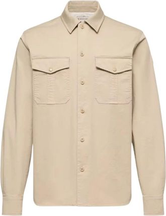 Moncler Cotton Blend Gabardine Long Sleeve Shirt - Heren - Casual Overhemden - Beige - M - Katoen - Overhemden