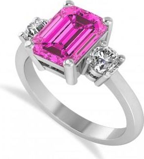 Allurez Emerald & Round 3-Stone Pink Topaz & Diamond Engagement Ring 14k White Gold (3.00ct)