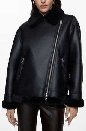 Mango Faux Shearling Moto Jacket in Black at Nordstrom Rack, Size Medium
