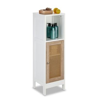 Relaxdays Mueble De Ba&ntilde;o De Pie 3 Compartimentos, 96,5 X 30 X 30 Cm, Armario Angosto Puerta De Rat&aacute;n, Blanco Y Natural - Relaxdays