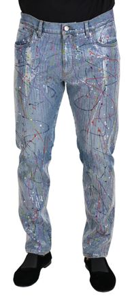 Dolce & Gabbana Mens Sequin Paint Splatter Jeans - Light Blue Cotton - Size EU 48 (Mens)
