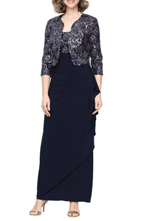 Alex Evenings Matte Jersey Two-Piece Gown with Bolero Jacket in Navy at Nordstrom, Size 10