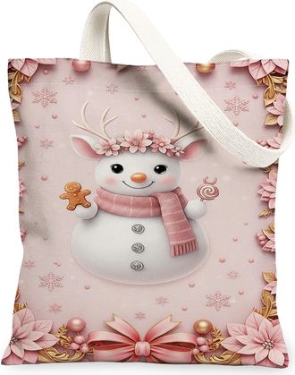 Generic Christmas Snow Man Canvas Tote Bags, Adorable Winter Floral Pattern Reusable Grocery Bags, Lightweight Washable Shoulder St, Peach, 13x15 Inch