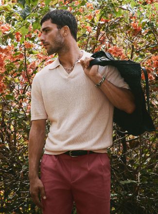 Le 31 Mens 100% linen knit Johnny collar polo