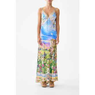 Camilla V Neck Bias Slip Dress With Back Frill in Nav&agrave;s Nouveau at Nordstrom, Size Xx-Large Au