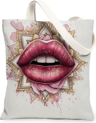 Generic Artistic Lips Canvas Tote Bags, Vintage Floral Design Reusable Grocery Bags, Lightweight Washable Shoulder Strap Canvas for Travel Beach Picnic 13x15 