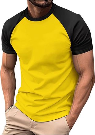 Generic T Shirts for Men UK Summer Tops European Color Blocked Twill Business Sport Raglan Sleeves Men Trendy Short Sleeved T-Shirt (1-Yellow, L)