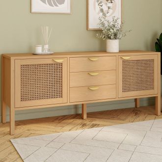 IDMarket Aparador Bajo Edhen 140 Cm, 2 Puertas Y 3 Cajones, Madera Y Mimbre