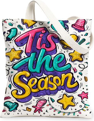 Generic Holiday Canvas Tote Bags, Colorful Fun Pattern Reusable Grocery Bags, Festive Lightweight Washable Shoulder Strap Canvas Fo, Colorful, 13x15 Inch