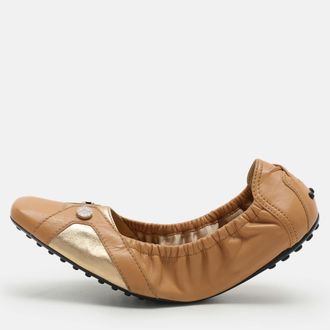 Tod's Tods Brown/gold Leather Embellished Scrunch Ballet Flats