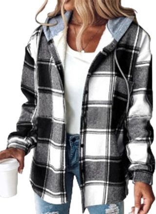 Generic Womens Plaid Button Down Fleece Lined Hooded Lightweight Casual Jackets Warm Coat (BLACK,L)