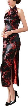 Generic Womens Halterneck Sleeveless Chinese Cheongsam Mandarin Collar Side Split Long Qipao Party Dress Outfit, Plum Black/Red, M