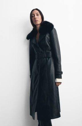 Mango Fernanda Faux Leather Belted Coat with Removable Faux Fur Trim in Black at Nordstrom, Size Medium