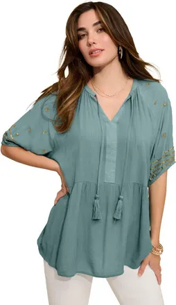 Roaman's Plus Size Crinkle Rayon Tie Neck Embroidered Blouse in Cool Sage Embellishment Sleeve at Nordstrom, Size 30