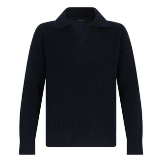Roberto Collina V-neck Knitwear, male, Blue, Size: M Bicolor Wool-Cashmere Polo Sweater