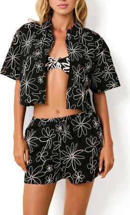 Solid & Striped Ezra Embroidered Crop Cotton Cover-Up Camp Shirt in Floral Doodle Noir at Nordstrom, Size X-Large