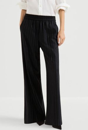 Brunello Cucinelli Comfort virgin wool dazzling chalk stripe loose track trousers in Blue at Nordstrom, Size 38