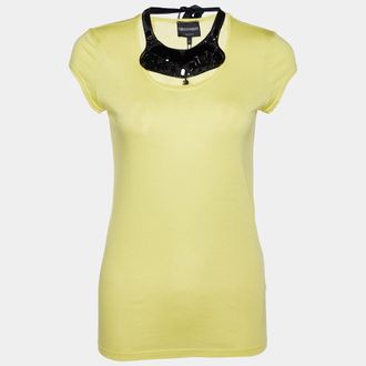 Emporio Armani Yellow Cotton & Modal Embellished Neck Detail T-Shirt
