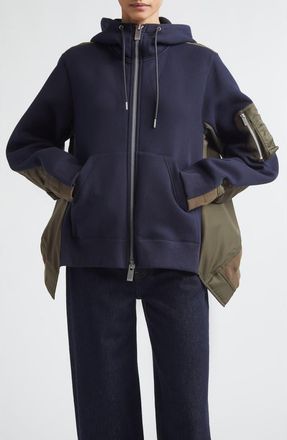 sacai Sponge Sweat x Nylon Twill Full Zip Hoodie in Navy/Dark Khaki at Nordstrom, Size 1