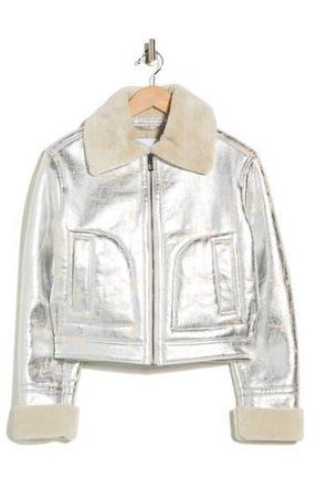 Desigual Faux Shearling Trim Faux Leather Bomber Jacket in Dark Silver at Nordstrom Rack, Size X-Small