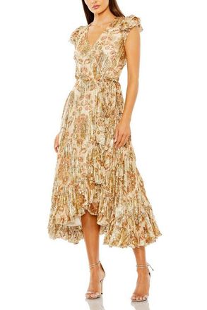 Mac Duggal Flutter Sleeve Floral Wrap Midi Dress in Cream Multi at Nordstrom, Size X-Large