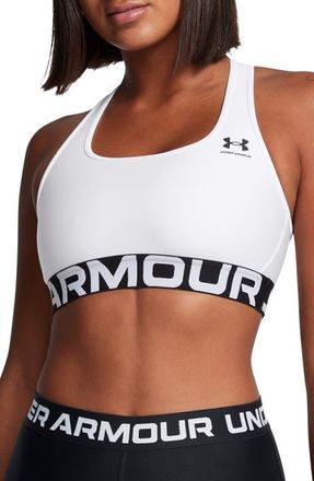 Under Armour HeatGear Mid Racerback Logo Jacquard Sports Bra in White //Black at Nordstrom, Size X-Large