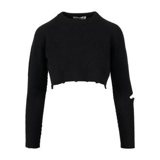 A Paper Kid Round-neck Knitwear, female, Black, Size: L Black Crop Sweatshirt with Slit and Logo Tag
