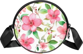 Generic Circle Crossbody Bag for Women, Floral Leaves Small Sling Bag Daypack with Zipper Adjustable Shoulder Straps Casual Ladies Girls Round Purse