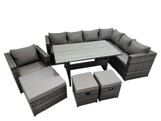 Fimous 10 Seater Patio Dining Corner Sofa Sets with Chair Big Stool in Dark Grey
