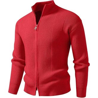 Generic Mens Stand Collar Cardigan Sweater Knit Sweaters Full Zip Jacket Long Sleeve Knitted Ribbed Sweatshirt, Red, XL