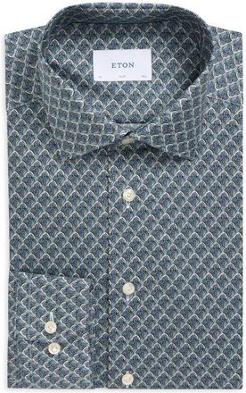 Eton Slim Fit Geometric Twill Shirt in Medium Green at Nordstrom, Size 15.5