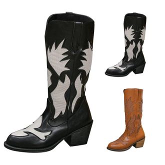 Generic Cowgirl Boots for Women Knee High Vintage Cowboy Boots with Floral Embroidered, Ladies Pointed Toe Chunky Heel Tall Boot Classic Pull On Design Wester