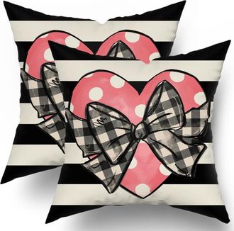 OEM Juego De Fundas De Almohada Para El D&iacute;a De San Valent&iacute;n, 20x20cm, Con Estampado De Lunares Rosas, Corazones Y Rayas Negras, Decoraci&oacute;n Para Sof&aacute; Cama 