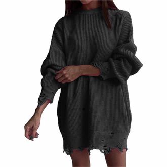 Generic Yours Clothing Plus Size Autumn Clothes Women Womens Autumn/Winter Round Neck Loose Solid Broken Mid Length Pullover Sweater Plus Size Clothing for Hi