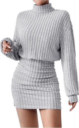 Generic WomensJumper Dresses for Women UK Solid Colour Long Sleeve Knitwear Tunic Knitted Turtle Neck Comfortable Sweater Dress Sexy Bodycon Knitted Pullover 