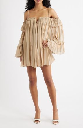 Mango Cold Shoulder Long Sleeve Minidress in Beige at Nordstrom, Size 4