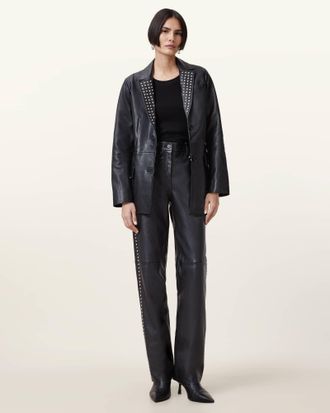 AllSaints Womens Sheep Leather Saige Straight Leg Leather Trousers, Size: UK 14/US 10