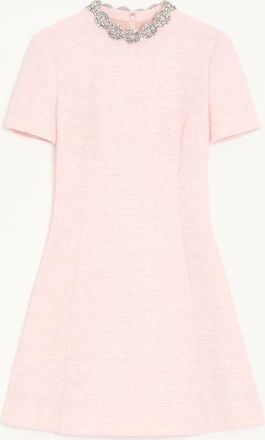 Valentino Embroidered Crinkle Cotton Tweed Short Dress Woman PINK/SILVER 36