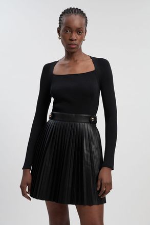 Karen Millen Womens Viscose Rib Pu Mix Tab Detail Pleated Knit Mini Dress - Black - Size X-Small