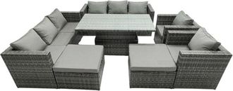 Fimous Fimous Rattan Dining Table Sofa Set with 2 Armchair 2 Stools Outdoor 10 Seat Garden Furniture Set Dark Grey Mixed