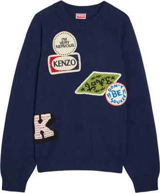 Kenzo Badges Appliqu&eacute;d Cotton and Wool-blend Jumper - Navy - XL