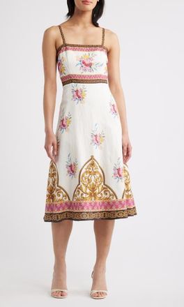 Elie Tahari The Annalise Sleeveless Linen Blend Midi Dress in Tiara Garden Print at Nordstrom, Size 14