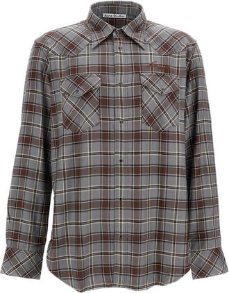 Acne Studios Brown/Grey Plaid Cotton Button-Down Chest Pockets Shirt