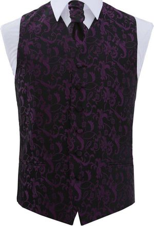 DQT Mens Passion Floral Waistcoat Cravat and Hanky Black and Purple 46