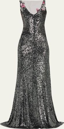 Naeem Khan Floral Applique Stretch Sequin V-Neck Gown