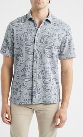 Johnston & Murphy Linden Textured Short Sleeve Button-Up Shirt in Blue Paisley at Nordstrom, Size Xx-Large