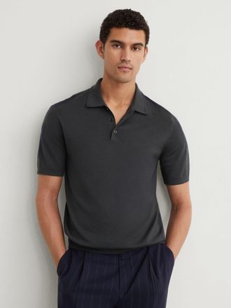 Reiss Vulcan Grey Merino Wool Short-sleeve Polo Shirt, XL